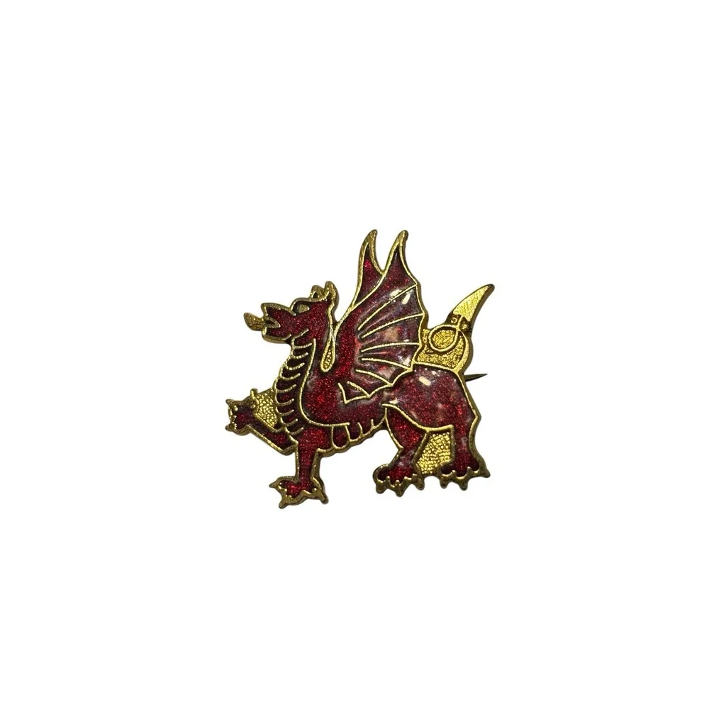 Vintage Gold Tone Red Enamel National Wales Symbol Welsh Dragon Brooch Pin